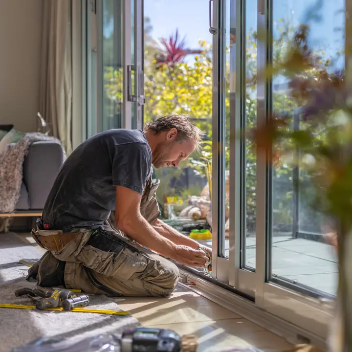 Glazier repairing a sliding glass door panel in a Sydney home