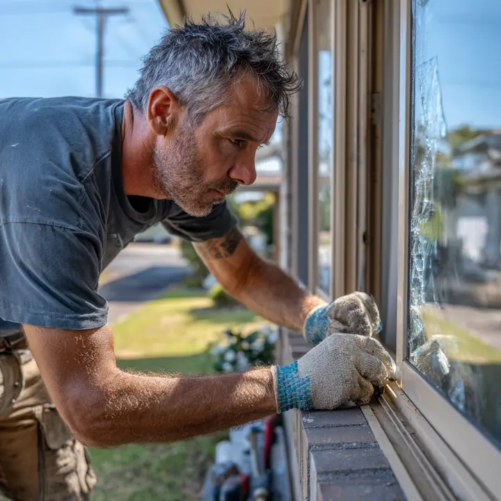 Licensed glazier fitting a new glass panel into a window frame